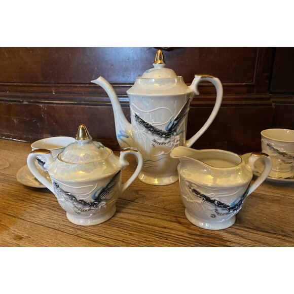 Vtg Japanese Moriage Dragonware Lithophane Geisha Coffee or Tea Set Black 15 Pc - Picture 3 of 16